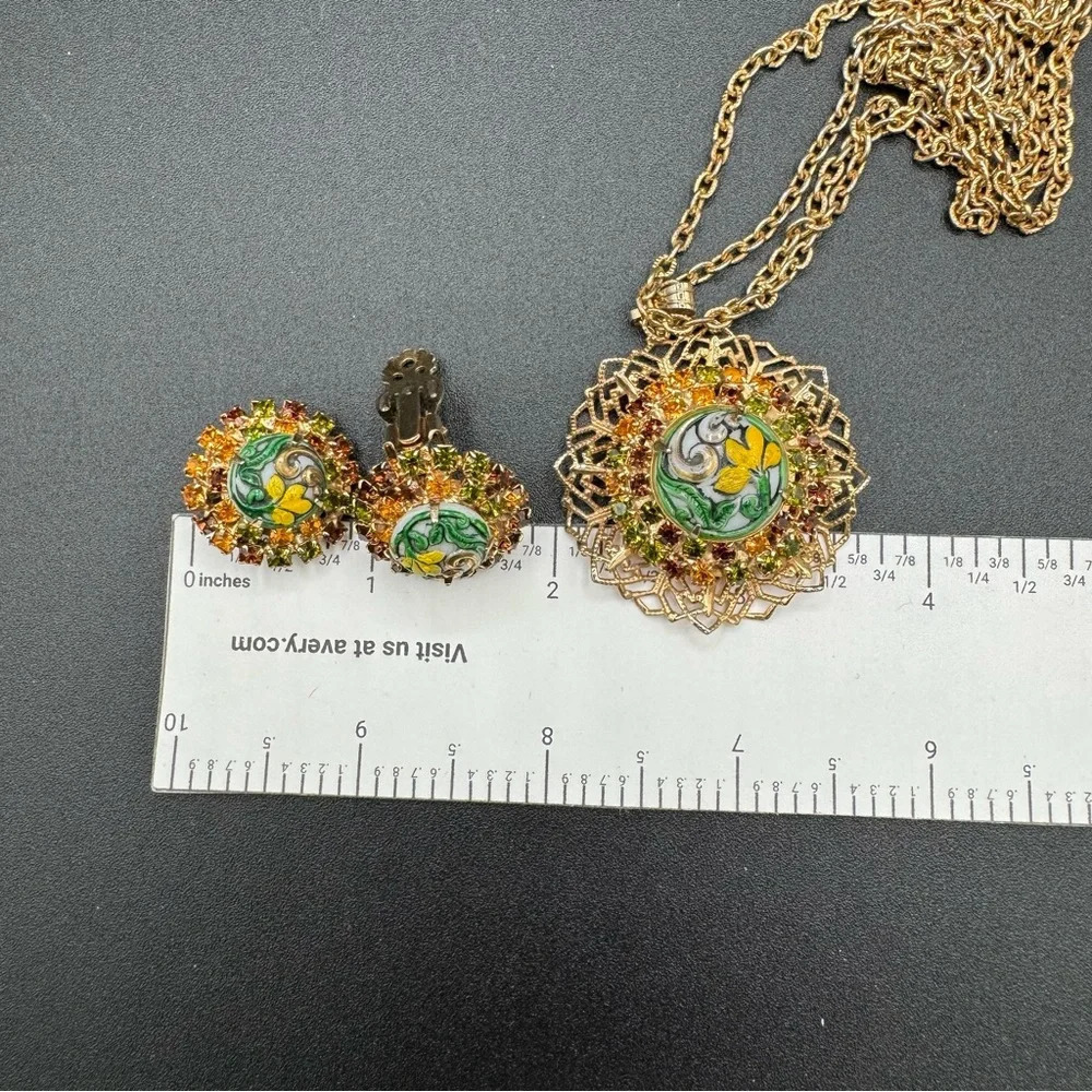 Vintage 1920s Art Nouveau Style Austrian Crystal Gold Tone Floral Necklace Set - Picture 12 of 17